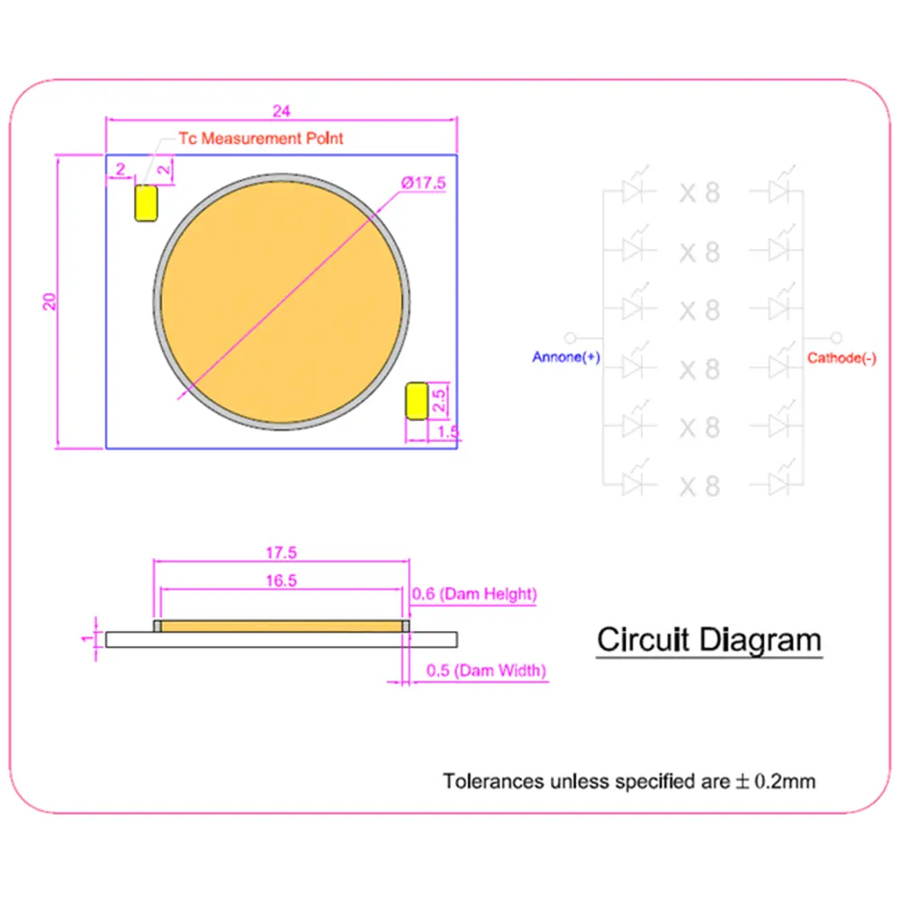 12W 2024 COB LED Mechanical Dimensions