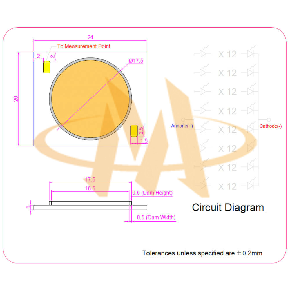 25W 2024 COB LED Module Mechanical Dimensions