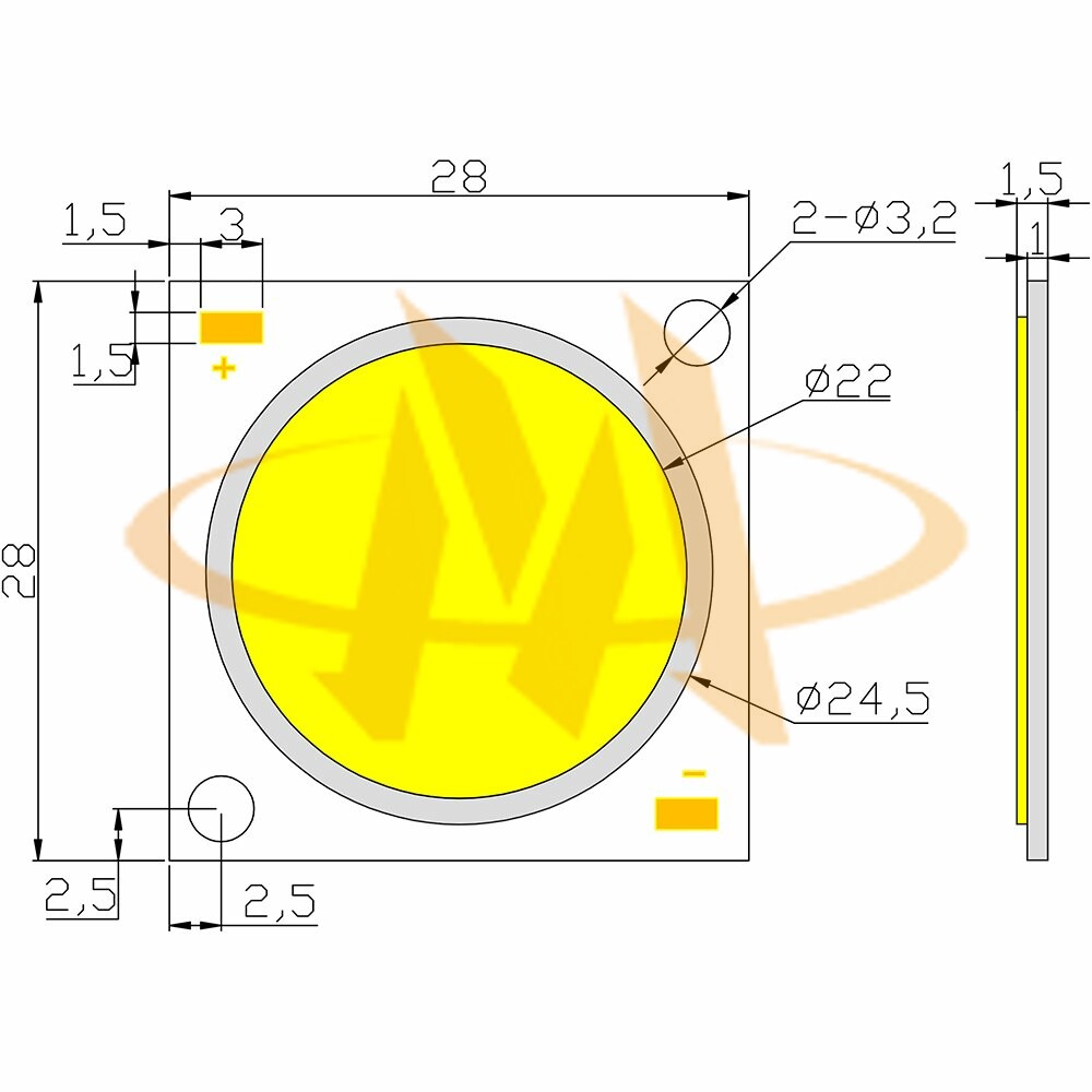 COB LED B2828G02 Mechanical Dimensions