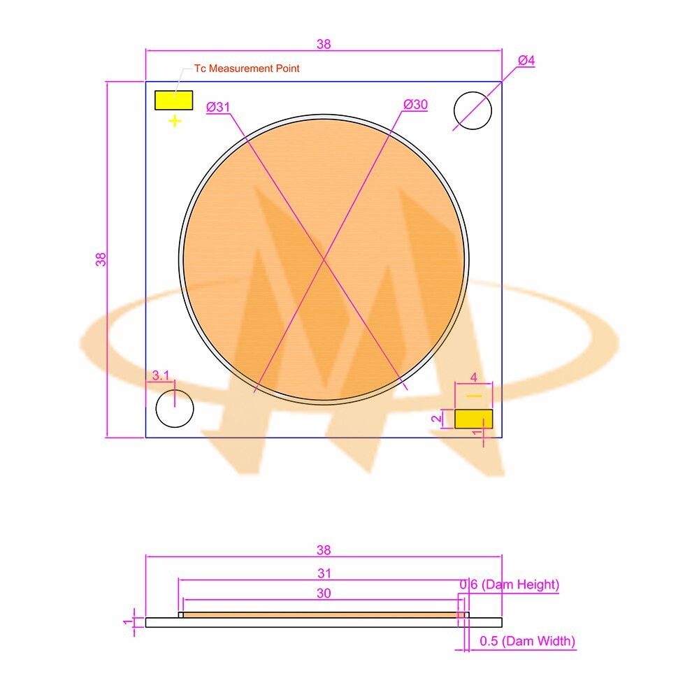 COB LED B3838G02 Mechanical Dimensions